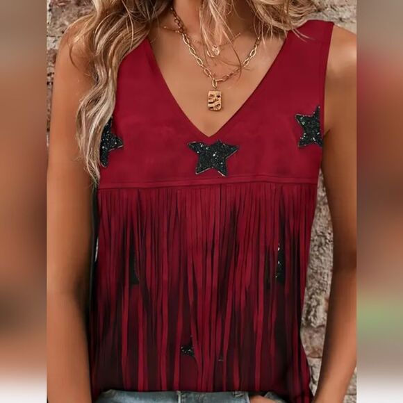 Casual V Neck Sleeveless Top With Star Print And Fringe Detail. XL NWT Brick Red - Picture 10 of 10